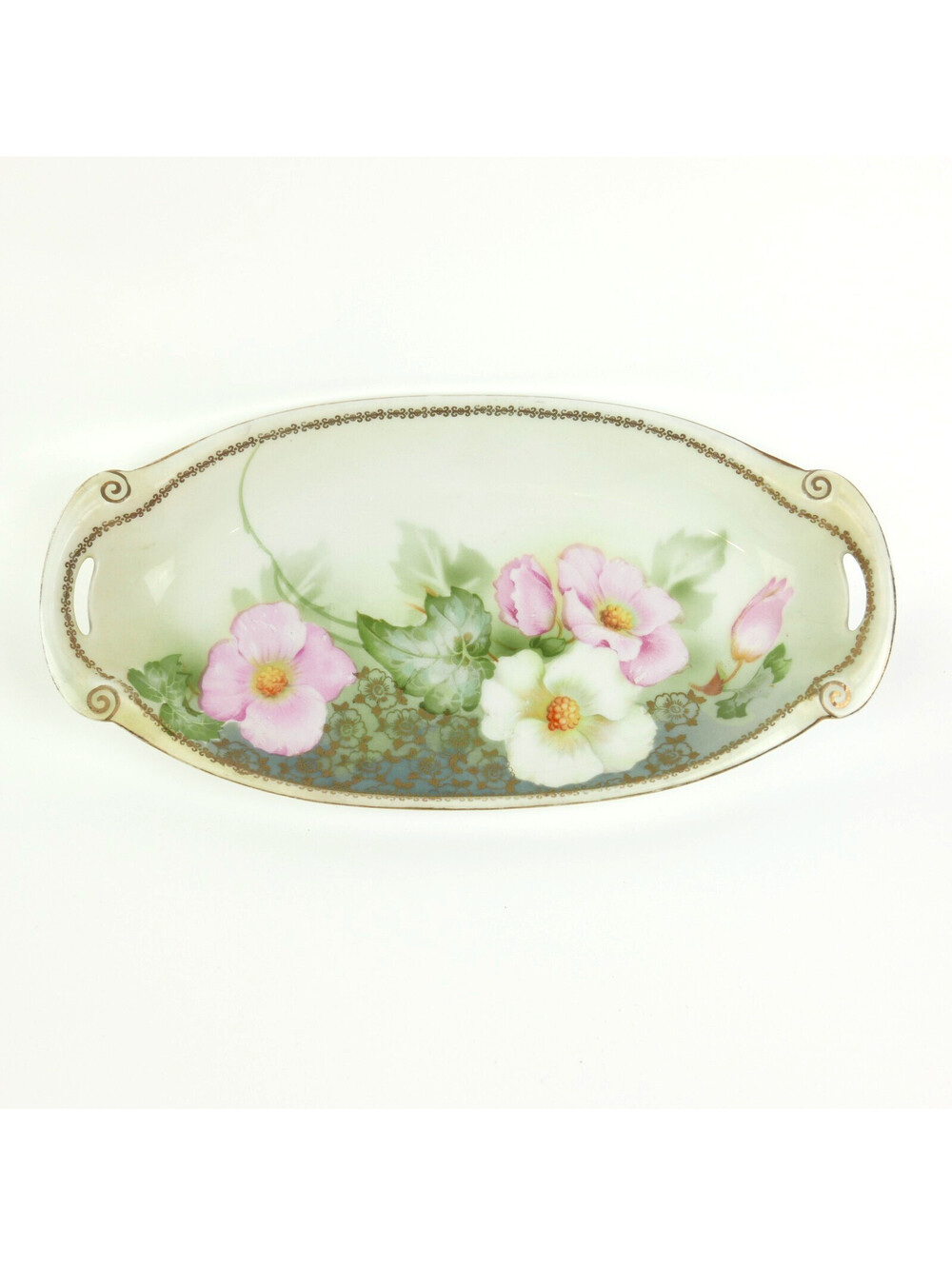 Antique RS Germany Porcelain Celery Dish Relish Tray Hand Painted Flowers Pink
